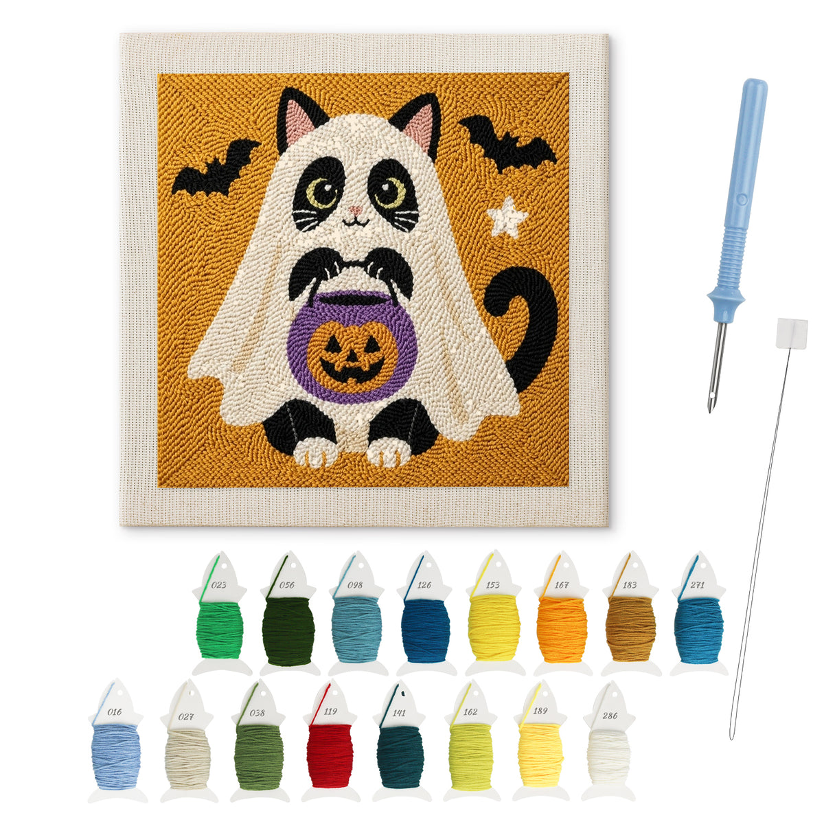 Tuxedo Cat Ghost punch needle kit: finished canvas with threads, punch needle and threader
