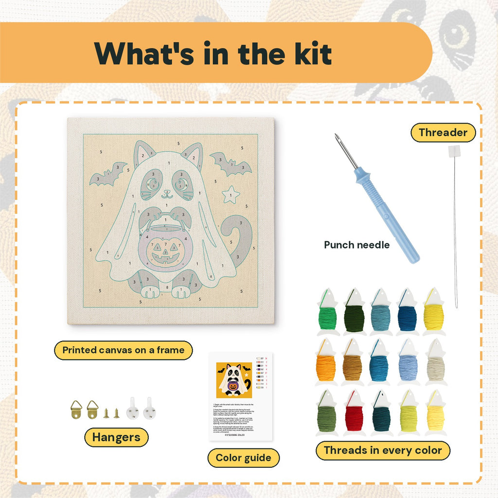 What is in the Tuxedo Cat Ghost kit: printed canvas, punch needle, threader, threads, color guide and hangers