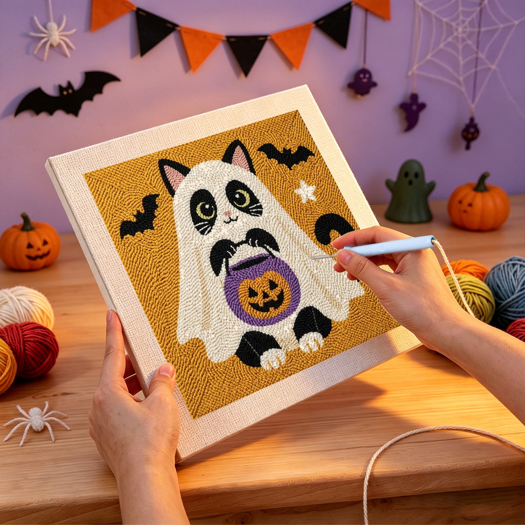 Punching the Tuxedo Cat Ghost design with the punch needle