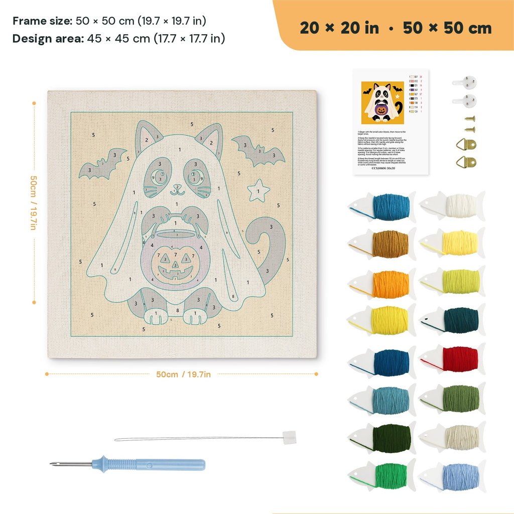 Tuxedo Cat Ghost punch needle kit, 20 × 20 in (50 × 50 cm): canvas size and kit contents