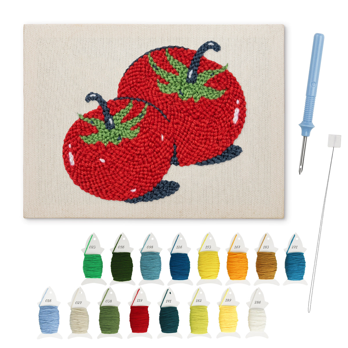 Two Red Tomatoes punch needle kit: finished canvas with threads, punch needle and threader