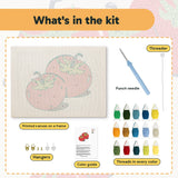 What is in the Two Red Tomatoes kit: printed canvas, punch needle, threader, threads, color guide and hangers