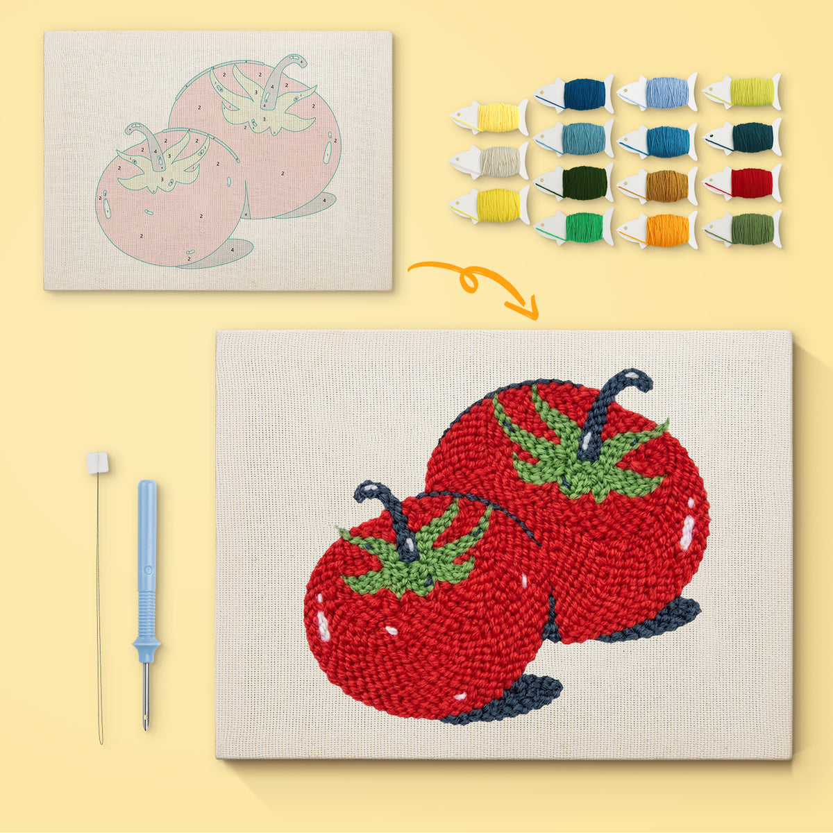 Two Red Tomatoes canvas before and after punching, with the threads and tools