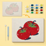 Two Red Tomatoes canvas before and after punching, with the threads and tools