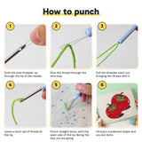Six steps showing how to thread and use the punch needle