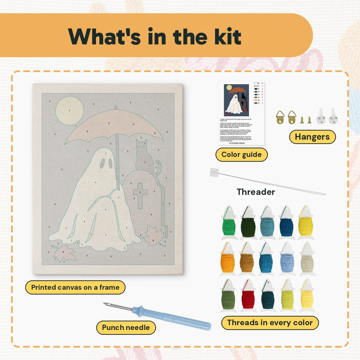 What is in the Umbrella Ghost and Cat kit: printed canvas, punch needle, threader, threads, color guide and hangers