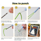 Six steps showing how to thread and use the punch needle