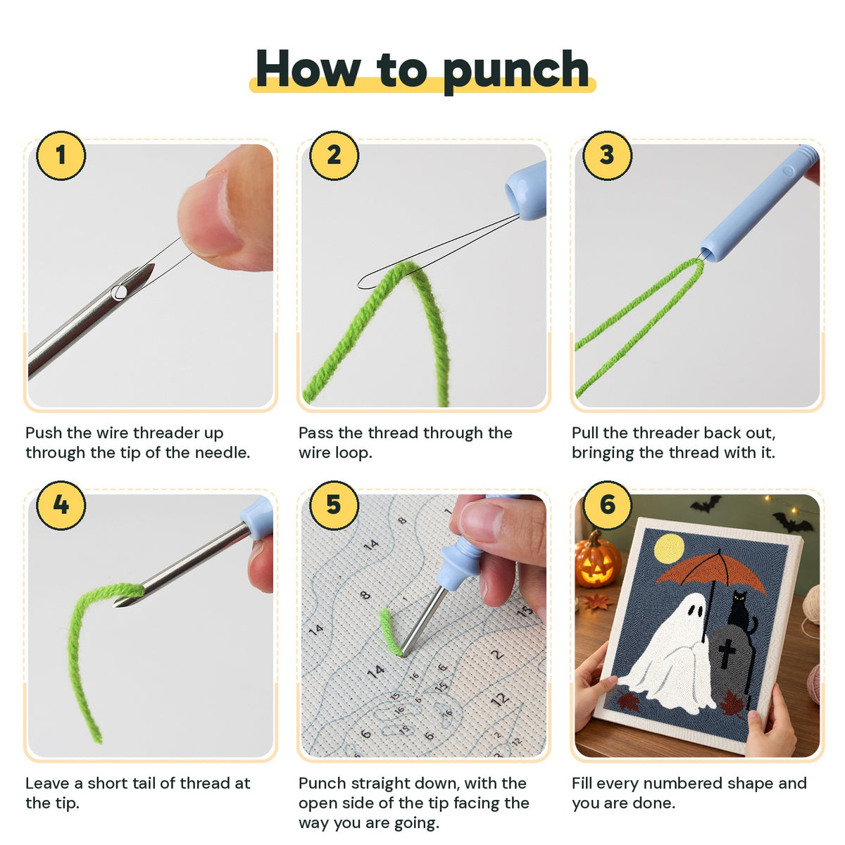 Six steps showing how to thread and use the punch needle