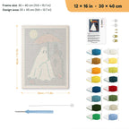 Umbrella Ghost and Cat punch needle kit, 12 × 16 in (30 × 40 cm): canvas size and kit contents