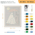 Umbrella Ghost and Cat punch needle kit, 16 × 20 in (40 × 50 cm): canvas size and kit contents