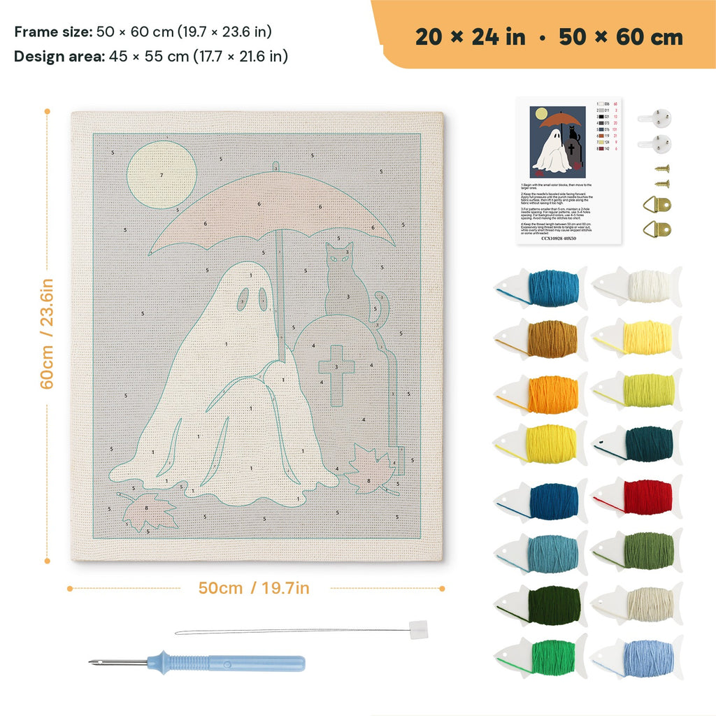 Umbrella Ghost and Cat punch needle kit, 20 × 24 in (50 × 60 cm): canvas size and kit contents