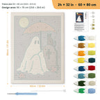 Umbrella Ghost and Cat punch needle kit, 24 × 32 in (60 × 80 cm): canvas size and kit contents