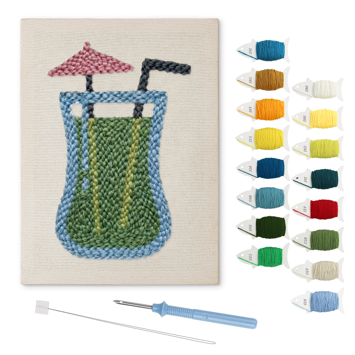 Umbrella Smoothie punch needle kit: finished canvas with threads, punch needle and threader