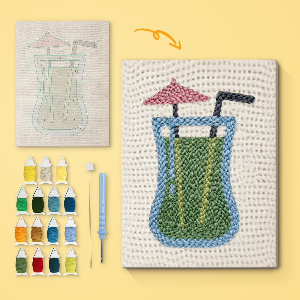 Umbrella Smoothie canvas before and after punching, with the threads and tools