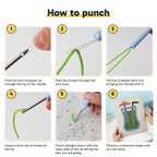 Six steps showing how to thread and use the punch needle