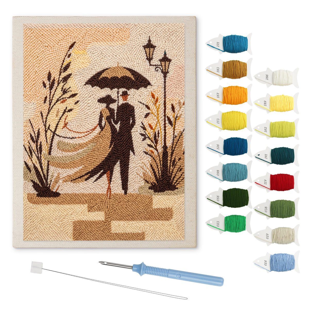 Umbrella Stroll punch needle kit: finished canvas with threads, punch needle and threader