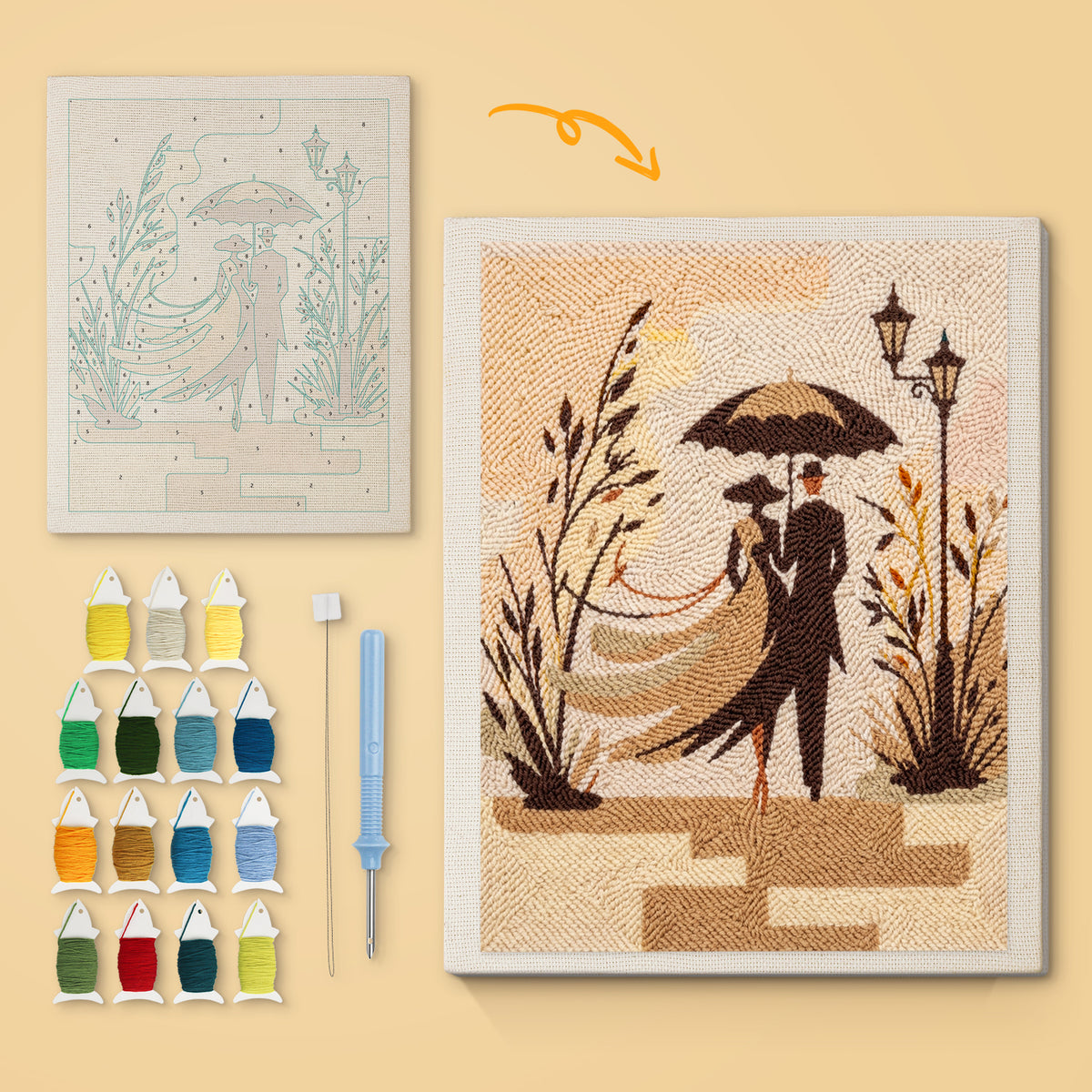 Umbrella Stroll canvas before and after punching, with the threads and tools