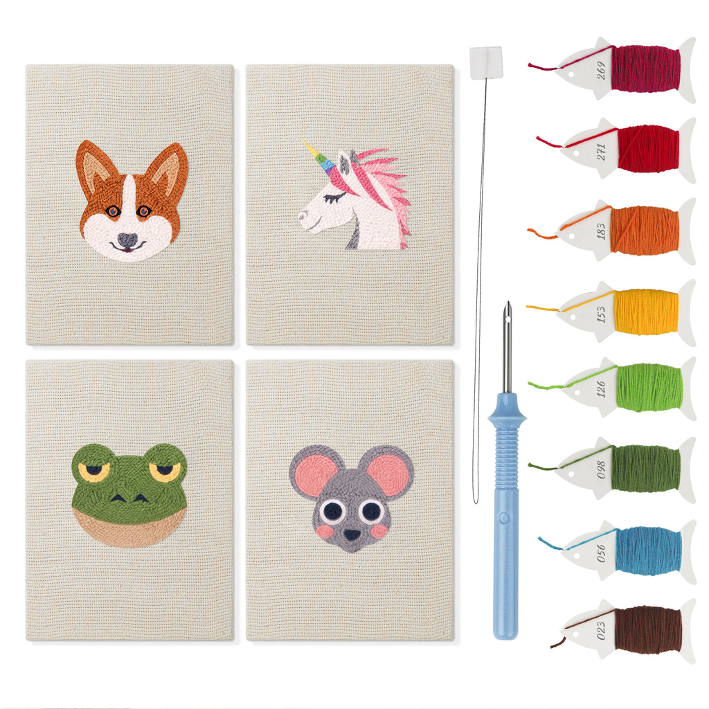 Unicorn and Frog mini punch needle kit set: four finished canvases with threads, punch needle and threader