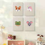The four Unicorn and Frog mini canvases on a wall above a shelf