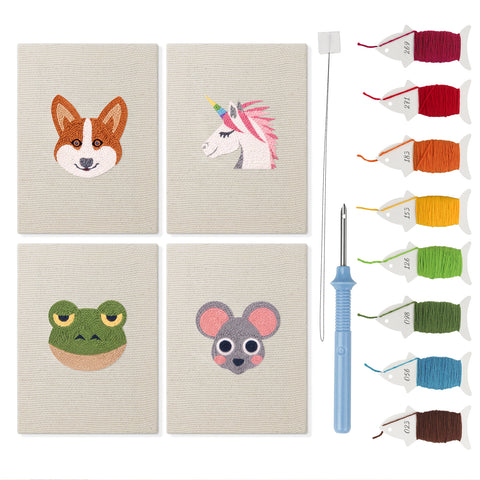 Unicorn and Frog mini punch needle kit set: four finished canvases with threads, punch needle and threader