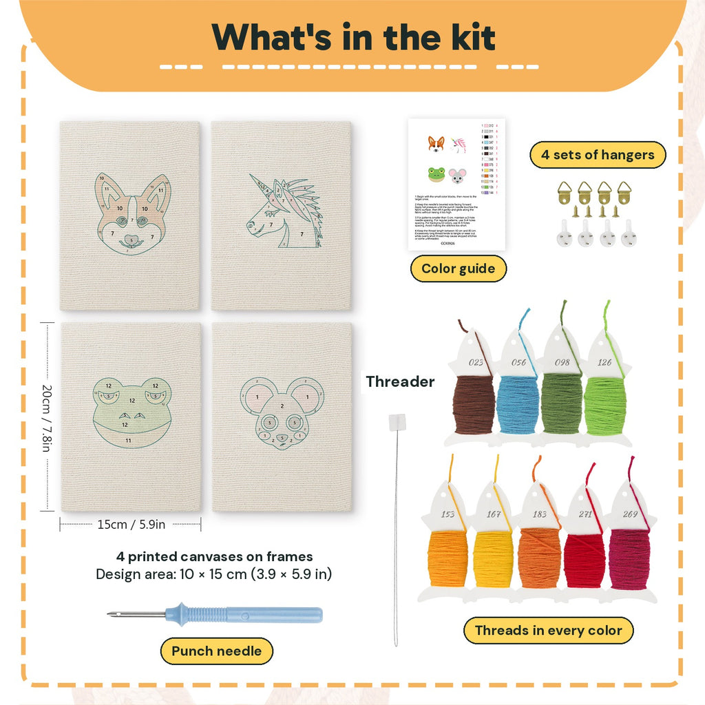 What is in the Unicorn and Frog set: 4 printed canvases, punch needle, threader, threads, color guide and 4 sets of hangers (6 × 8 in (15 × 20 cm) each)