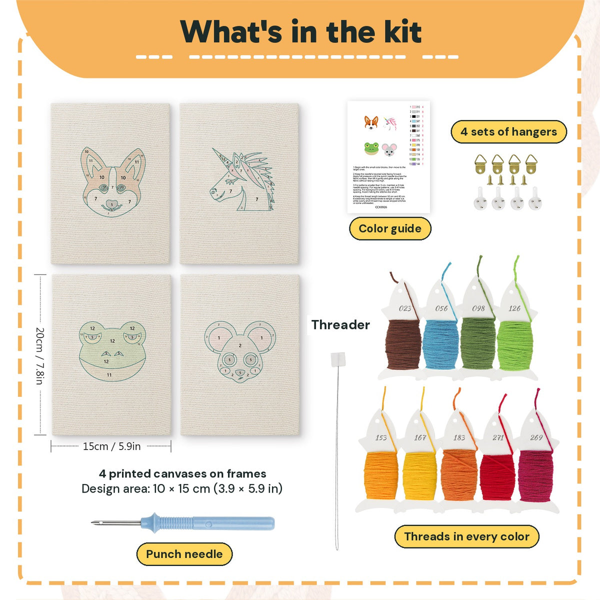 What is in the Unicorn and Frog set: 4 printed canvases, punch needle, threader, threads, color guide and 4 sets of hangers (6 × 8 in (15 × 20 cm) each)