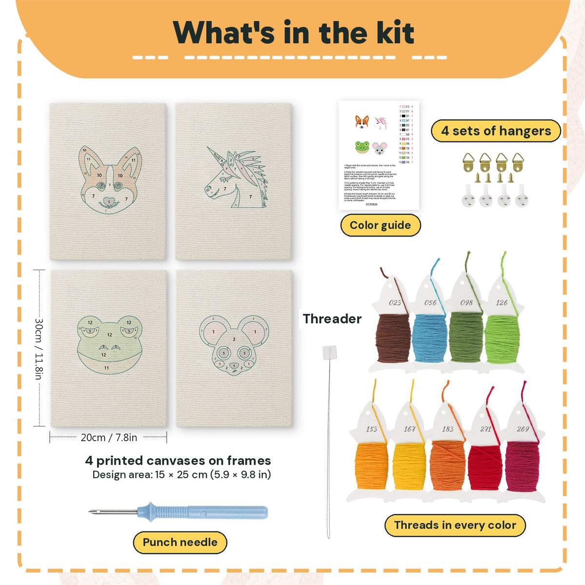 What is in the Unicorn and Frog set, 8 × 12 in (20 × 30 cm) each: 4 printed canvases, punch needle, threader, threads, color guide and 4 sets of hangers