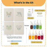 What is in the Unicorn and Frog set, 8 × 12 in (20 × 30 cm) each: 4 printed canvases, punch needle, threader, threads, color guide and 4 sets of hangers