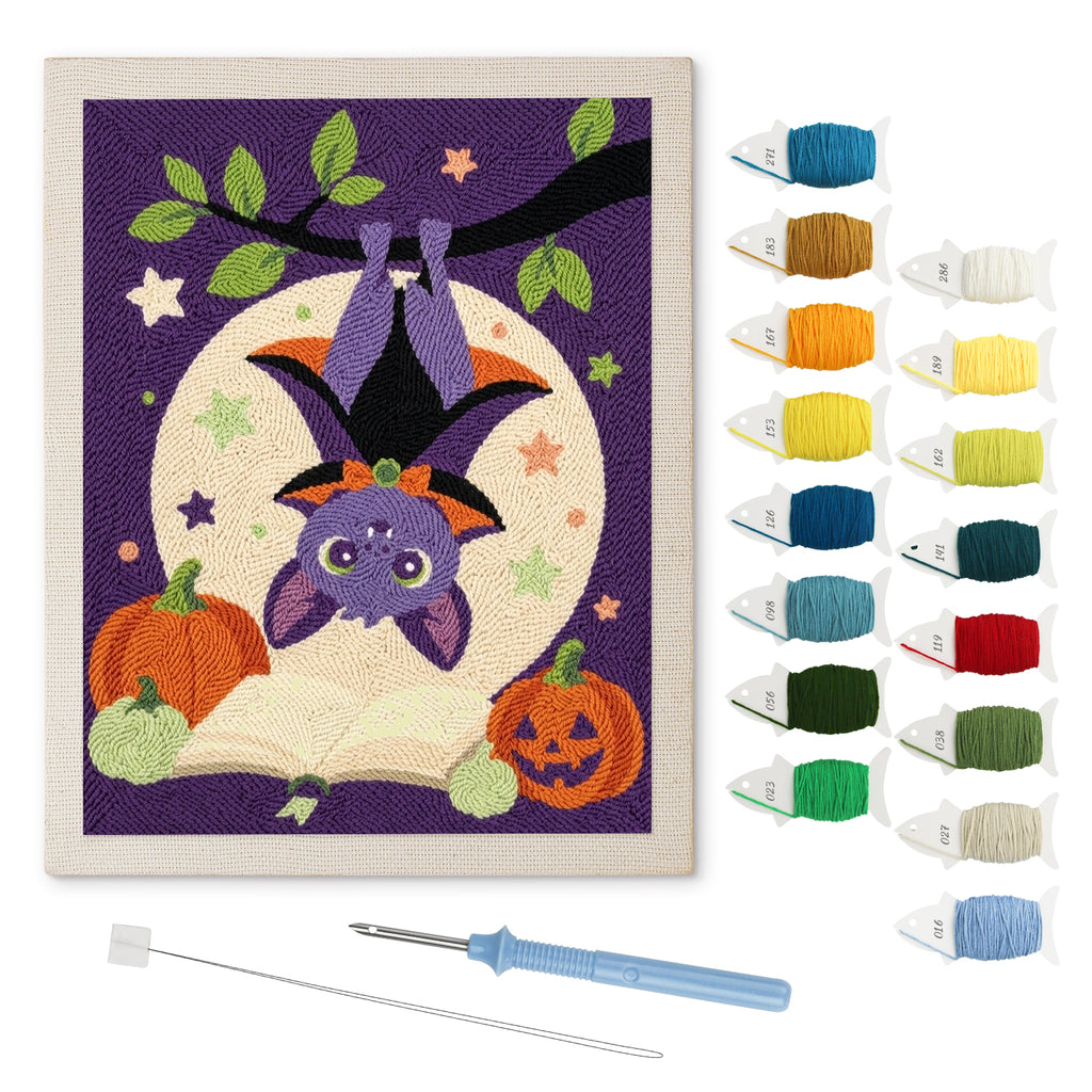 Upside Down Bat punch needle kit: finished canvas with threads, punch needle and threader