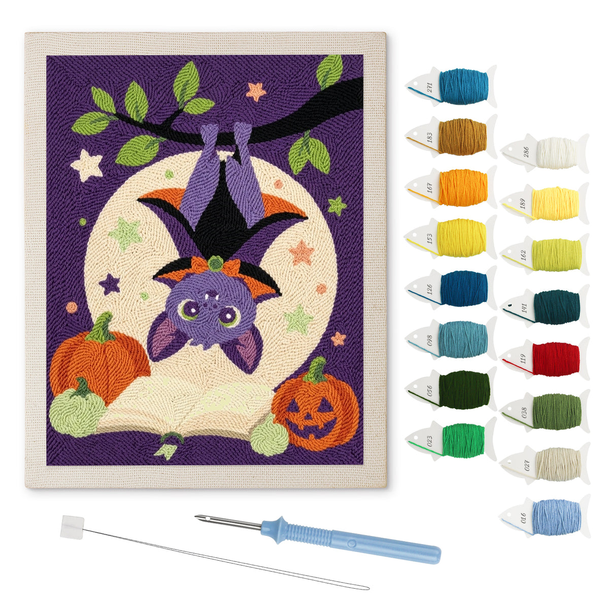 Upside Down Bat punch needle kit: finished canvas with threads, punch needle and threader