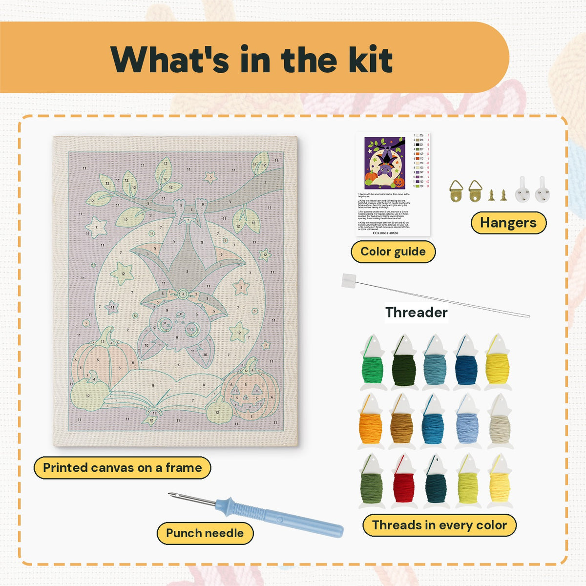 What is in the Upside Down Bat kit: printed canvas, punch needle, threader, threads, color guide and hangers