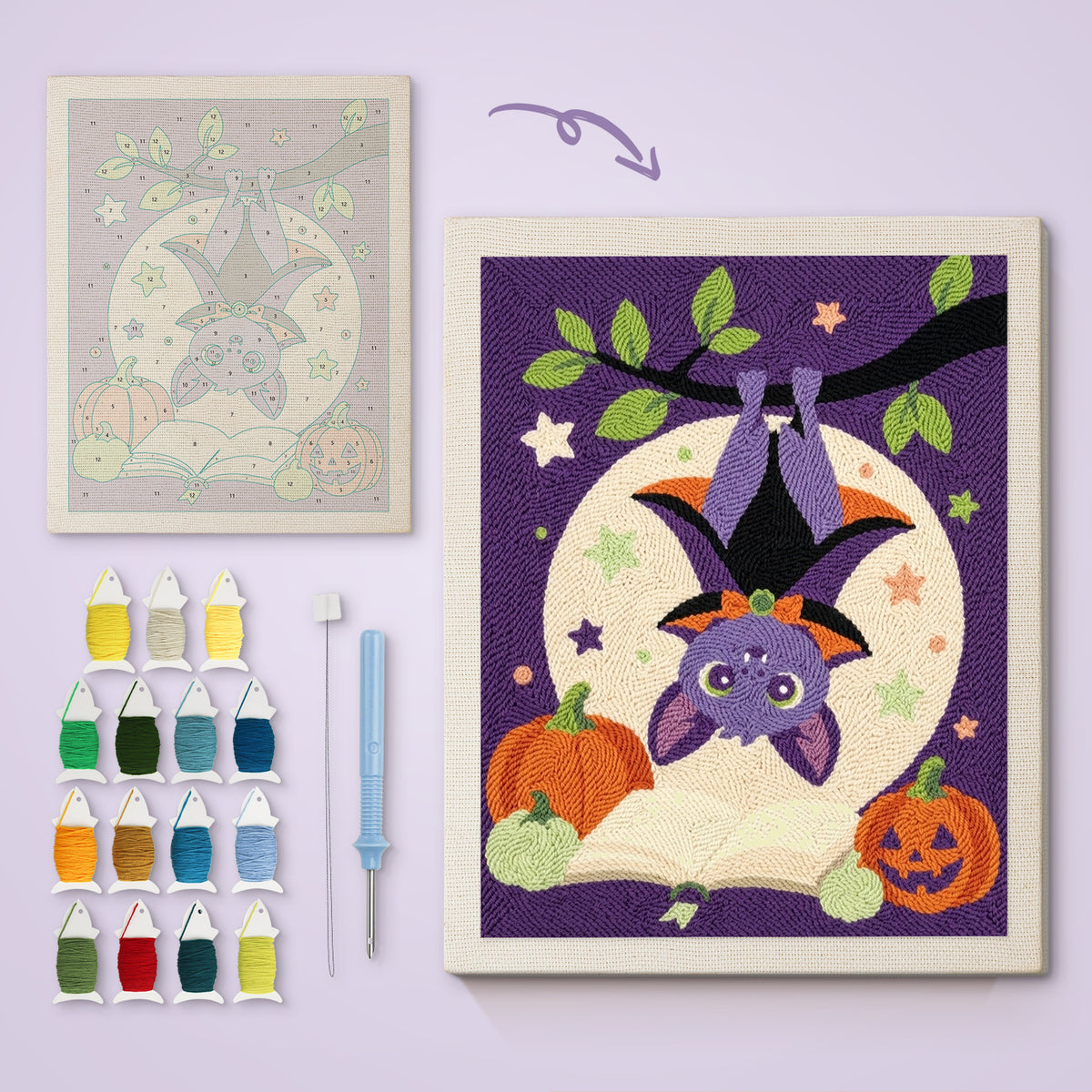 Upside Down Bat canvas before and after punching, with the threads and tools