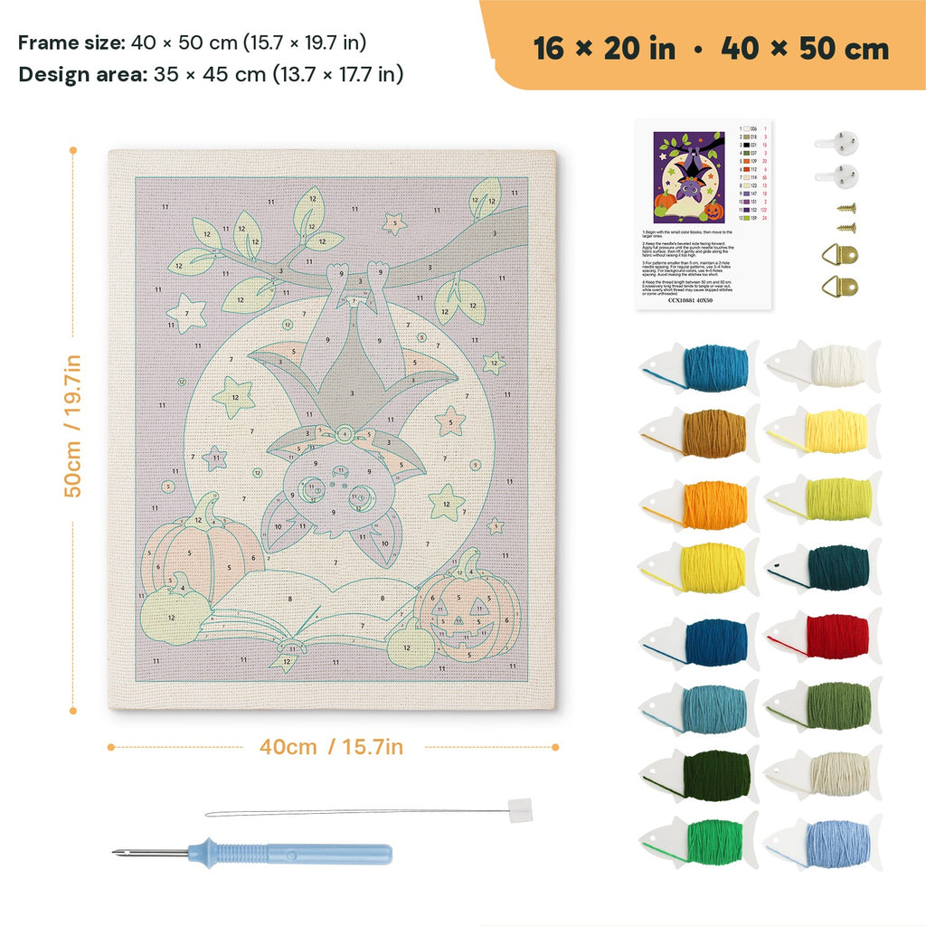 Upside Down Bat punch needle kit, 16 × 20 in (40 × 50 cm): canvas size and kit contents