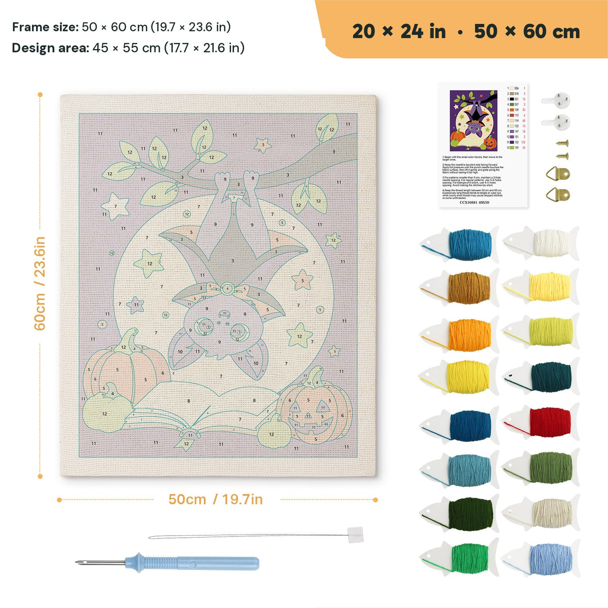 Upside Down Bat punch needle kit, 20 × 24 in (50 × 60 cm): canvas size and kit contents