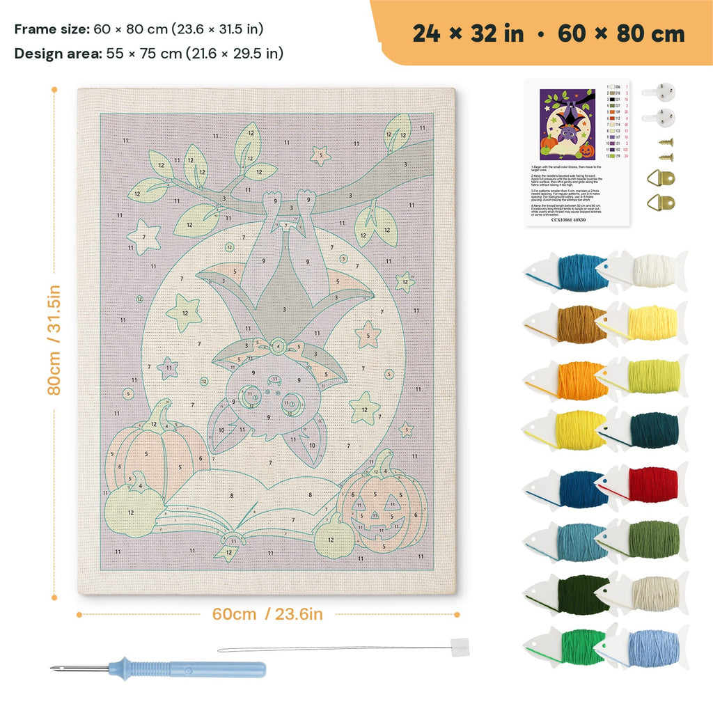 Upside Down Bat punch needle kit, 24 × 32 in (60 × 80 cm): canvas size and kit contents