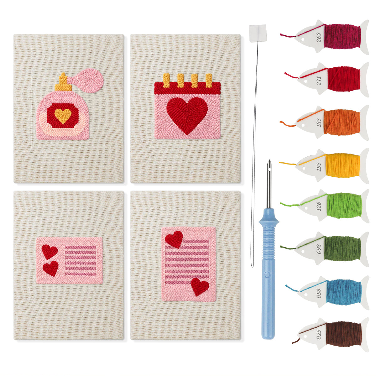 Valentine Notes mini punch needle kit set: four finished canvases with threads, punch needle and threader