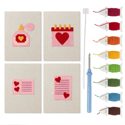Valentine Notes mini punch needle kit set: four finished canvases with threads, punch needle and threader