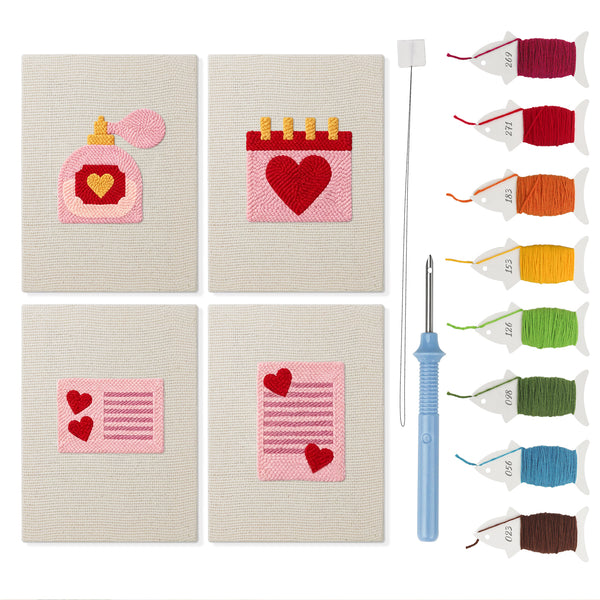 Valentine Notes mini punch needle kit set: four finished canvases with threads, punch needle and threader