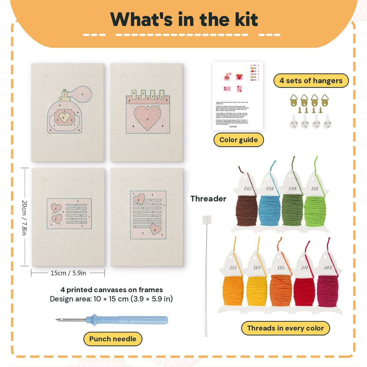 What is in the Valentine Notes set: 4 printed canvases, punch needle, threader, threads, color guide and 4 sets of hangers (6 × 8 in (15 × 20 cm) each)