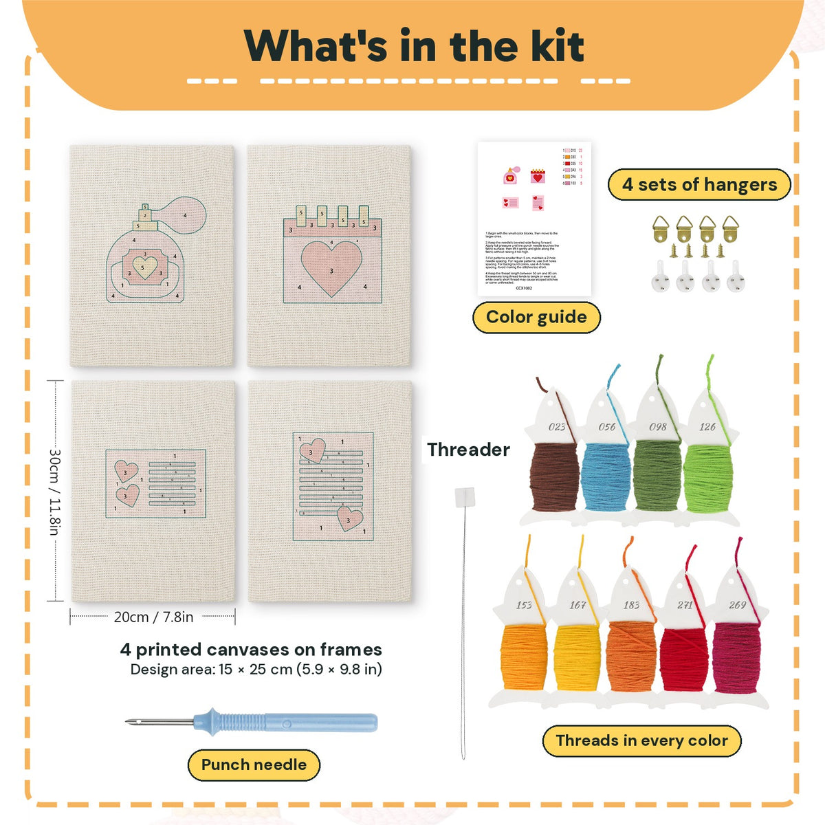 What is in the Valentine Notes set, 8 × 12 in (20 × 30 cm) each: 4 printed canvases, punch needle, threader, threads, color guide and 4 sets of hangers