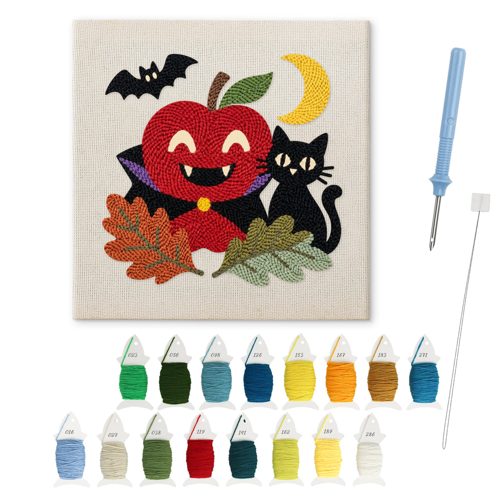 Vampire Apple and Cat punch needle kit: finished canvas with threads, punch needle and threader