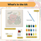 What is in the Vampire Apple and Cat kit: printed canvas, punch needle, threader, threads, color guide and hangers