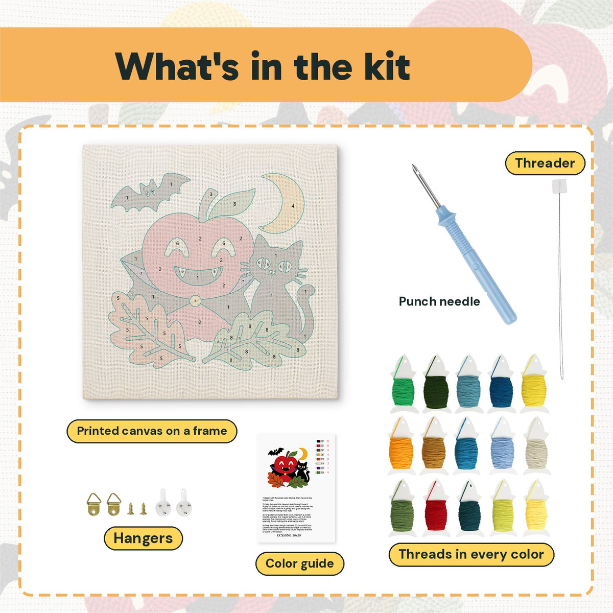 What is in the Vampire Apple and Cat kit: printed canvas, punch needle, threader, threads, color guide and hangers