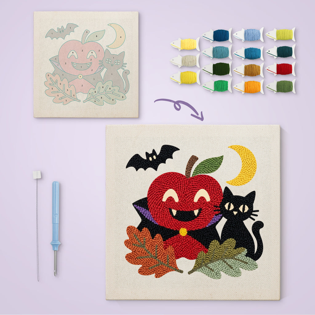Vampire Apple and Cat canvas before and after punching, with the threads and tools