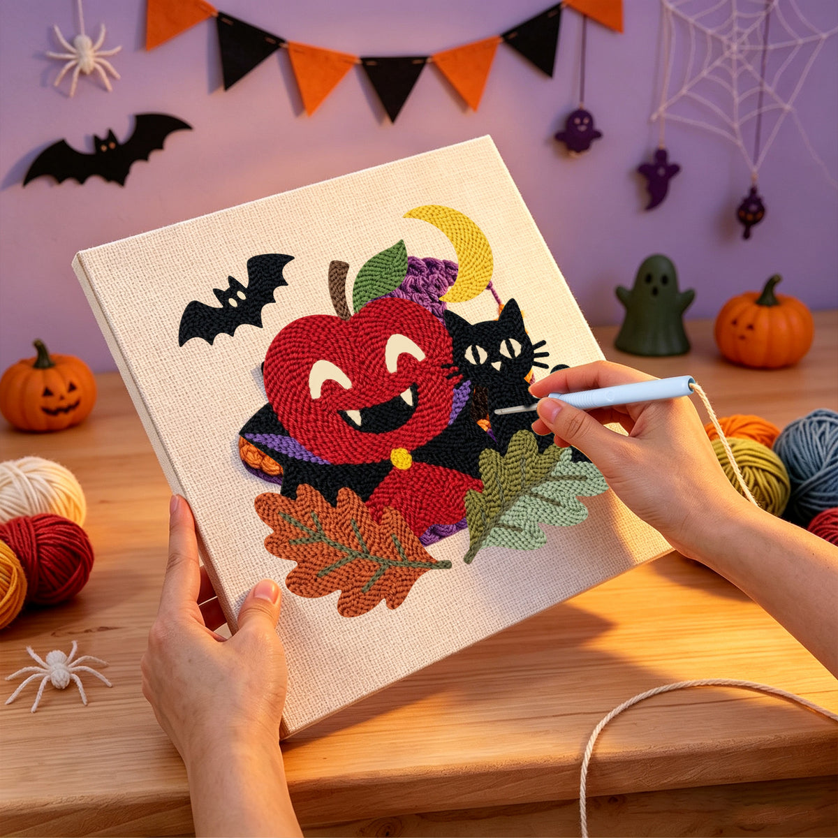 Punching the Vampire Apple and Cat design with the punch needle
