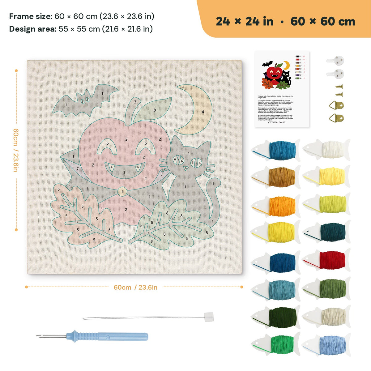 Vampire Apple and Cat punch needle kit, 24 × 24 in (60 × 60 cm): canvas size and kit contents
