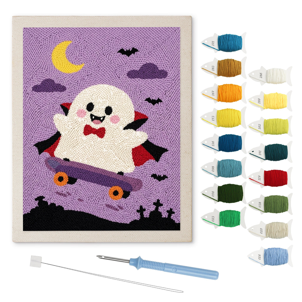 Vampire Ghost Skater punch needle kit: finished canvas with threads, punch needle and threader