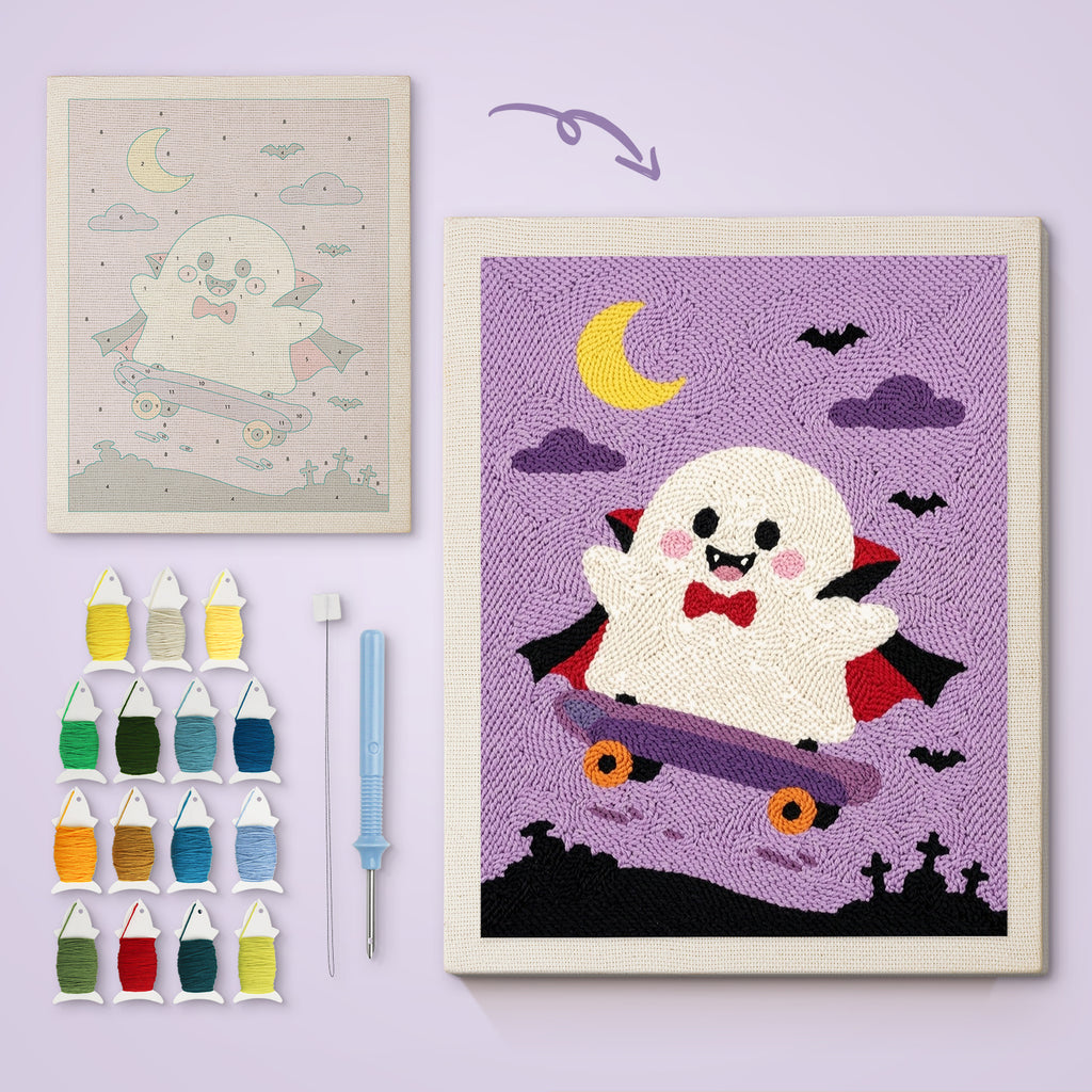 Vampire Ghost Skater canvas before and after punching, with the threads and tools