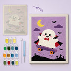 Vampire Ghost Skater canvas before and after punching, with the threads and tools