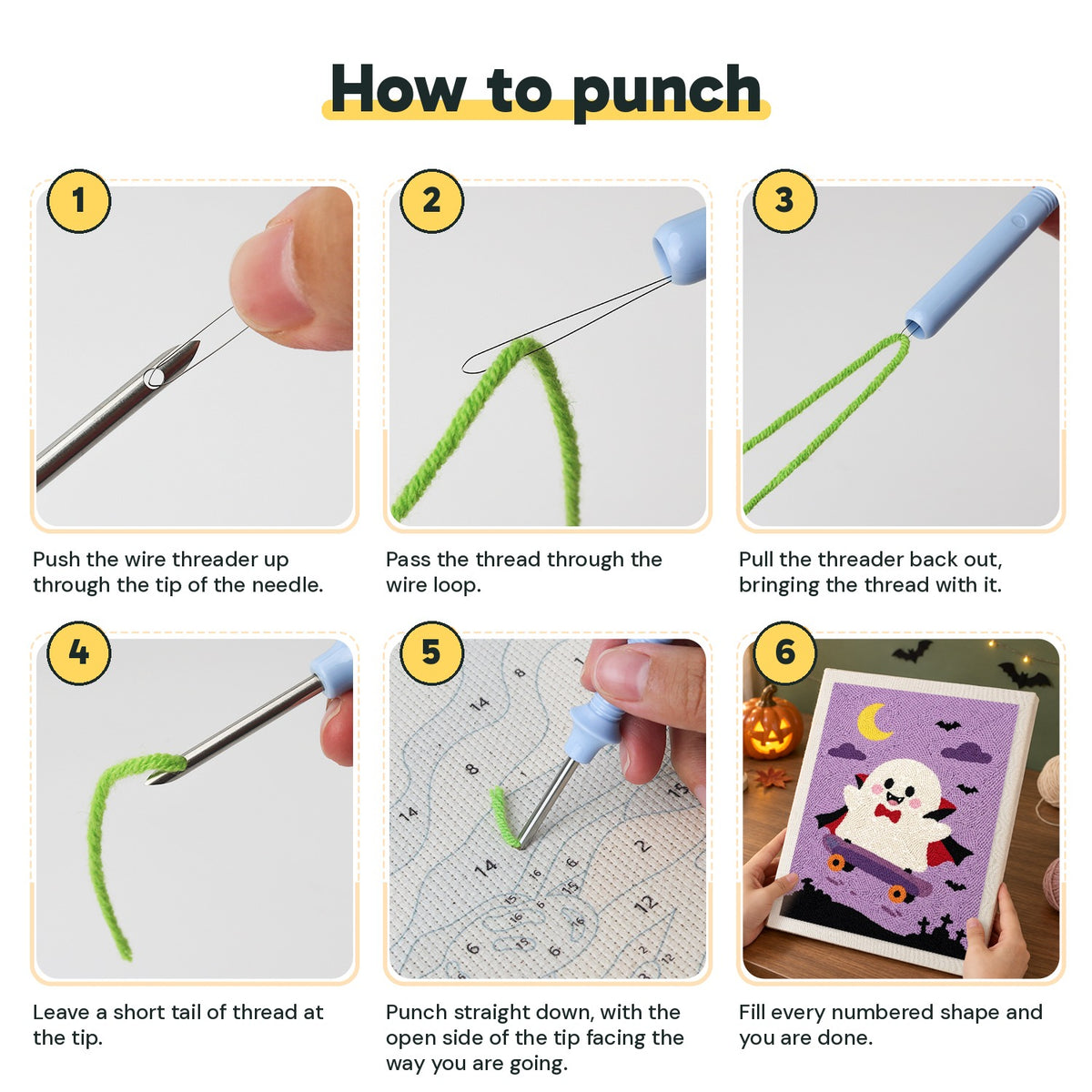 Six steps showing how to thread and use the punch needle